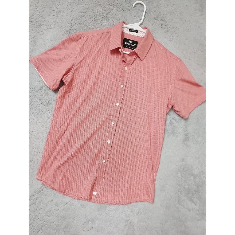 Buttercloth Shirt Men Medium Icy Cotton Slim Fit Short Sleeve Pink Red Geometric